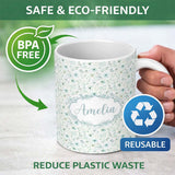 Personalized Custom Name Soft Mint Floral Blossom Seamless Pattern Delicate Watercolor 11oz Ceramic Coffee Tea Mug White Large Handle