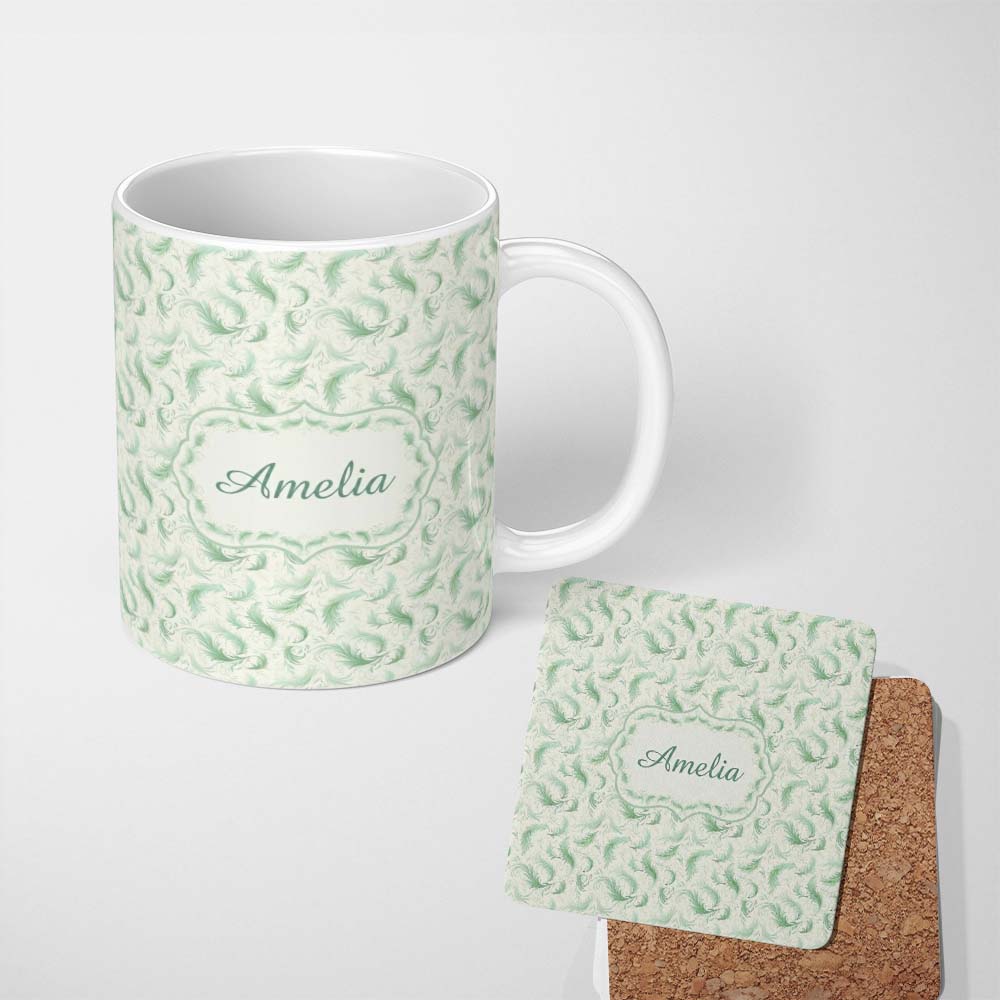 Personalized Custom Name Elegant Green Swirl Feather Seamless Pattern Vintage Ornamental 11oz Ceramic Coffee Tea Mug White Large Handle