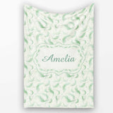 Elegant Green Swirl Feather Seamless Pattern Vintage Ornamental  Personalised Custom Name Super Soft Fleece Blanket Bed Sofa Throw