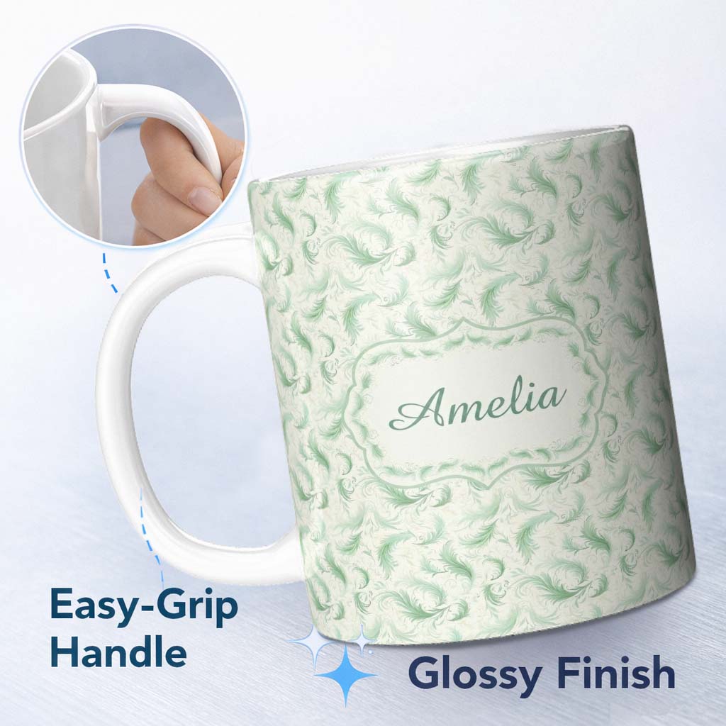 Personalized Custom Name Elegant Green Swirl Feather Seamless Pattern Vintage Ornamental 11oz Ceramic Coffee Tea Mug White Large Handle