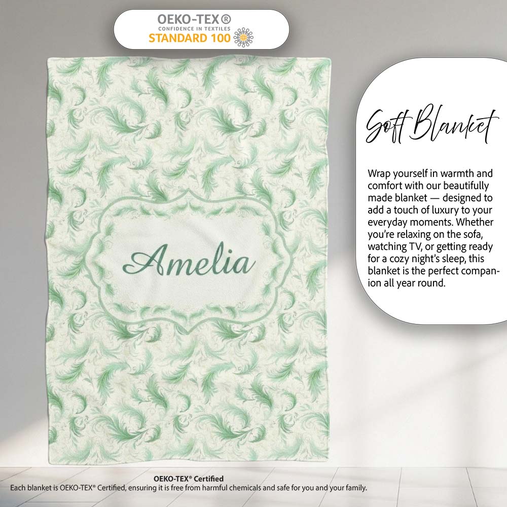 Elegant Green Swirl Feather Seamless Pattern Vintage Ornamental  Personalised Custom Name Super Soft Fleece Blanket Bed Sofa Throw