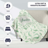 Elegant Green Swirl Feather Seamless Pattern Vintage Ornamental  Personalised Custom Name Super Soft Fleece Blanket Bed Sofa Throw