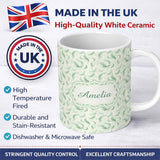 Personalized Custom Name Elegant Green Swirl Feather Seamless Pattern Vintage Ornamental 11oz Ceramic Coffee Tea Mug White Large Handle