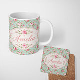 Personalized Custom Name Vintage Pink Rose Bouquet Seamless Pattern Classic Floral Garden 11oz Ceramic Coffee Tea Mug White Large Handle