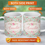 Personalized Custom Name Vintage Pink Rose Bouquet Seamless Pattern Classic Floral Garden 11oz Ceramic Coffee Tea Mug White Large Handle