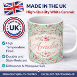Personalized Custom Name Vintage Pink Rose Bouquet Seamless Pattern Classic Floral Garden 11oz Ceramic Coffee Tea Mug White Large Handle