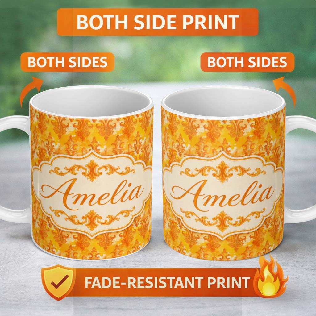 Personalized Custom Name Warm Orange Damask Seamless Pattern Artistic Vintage Ornamental 11oz Ceramic Coffee Tea Mug White Large Handle
