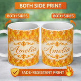 Personalized Custom Name Warm Orange Damask Seamless Pattern Artistic Vintage Ornamental 11oz Ceramic Coffee Tea Mug White Large Handle