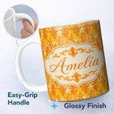 Personalized Custom Name Warm Orange Damask Seamless Pattern Artistic Vintage Ornamental 11oz Ceramic Coffee Tea Mug White Large Handle
