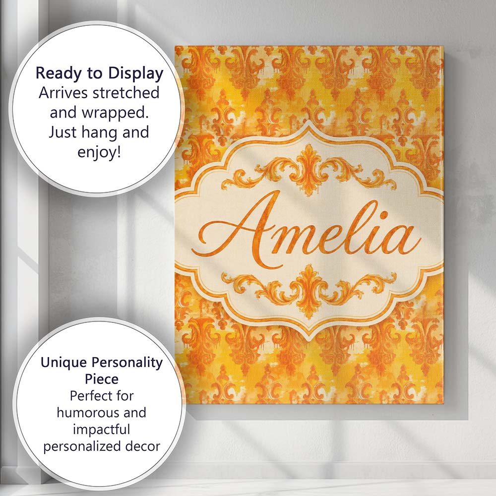 Personalised Name Warm Orange Damask Custom Premium Decorative Design Modern Room Accent Canvas Wall Art Print Decor Picture Ready to Hang