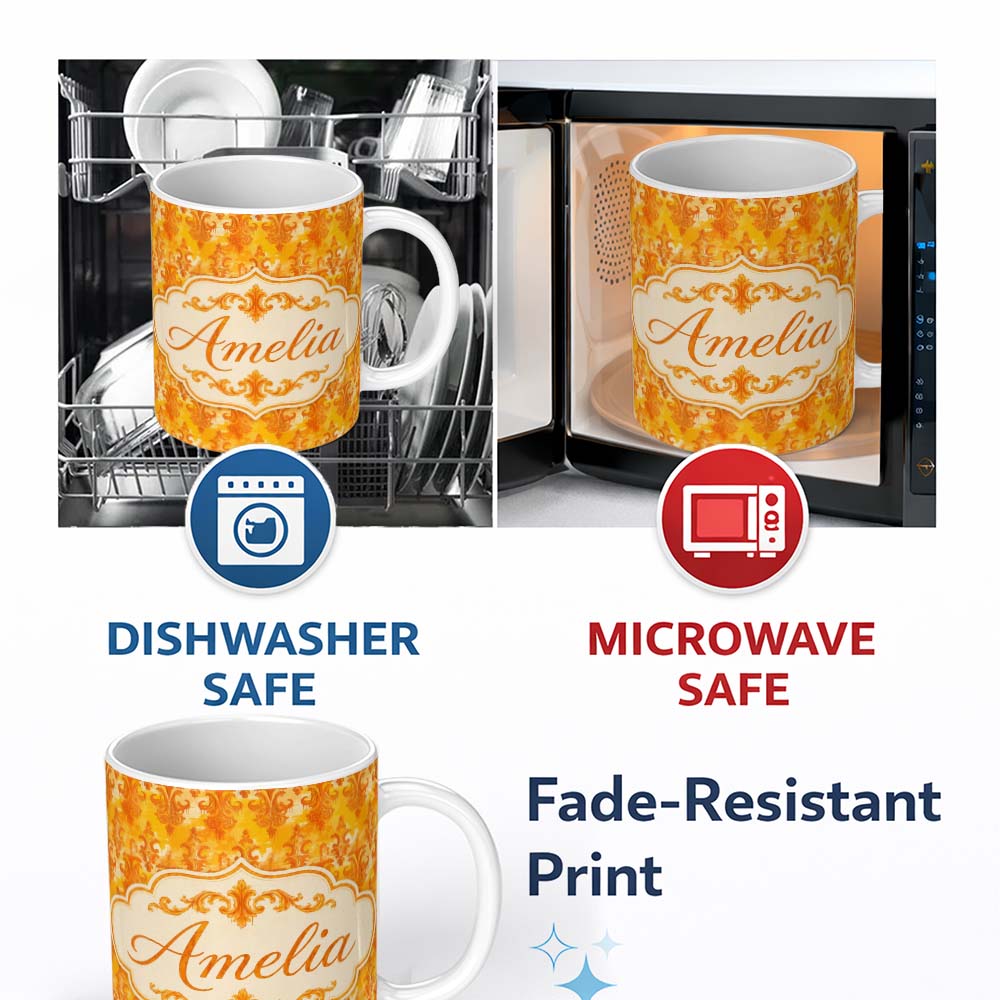 Personalized Custom Name Warm Orange Damask Seamless Pattern Artistic Vintage Ornamental 11oz Ceramic Coffee Tea Mug White Large Handle