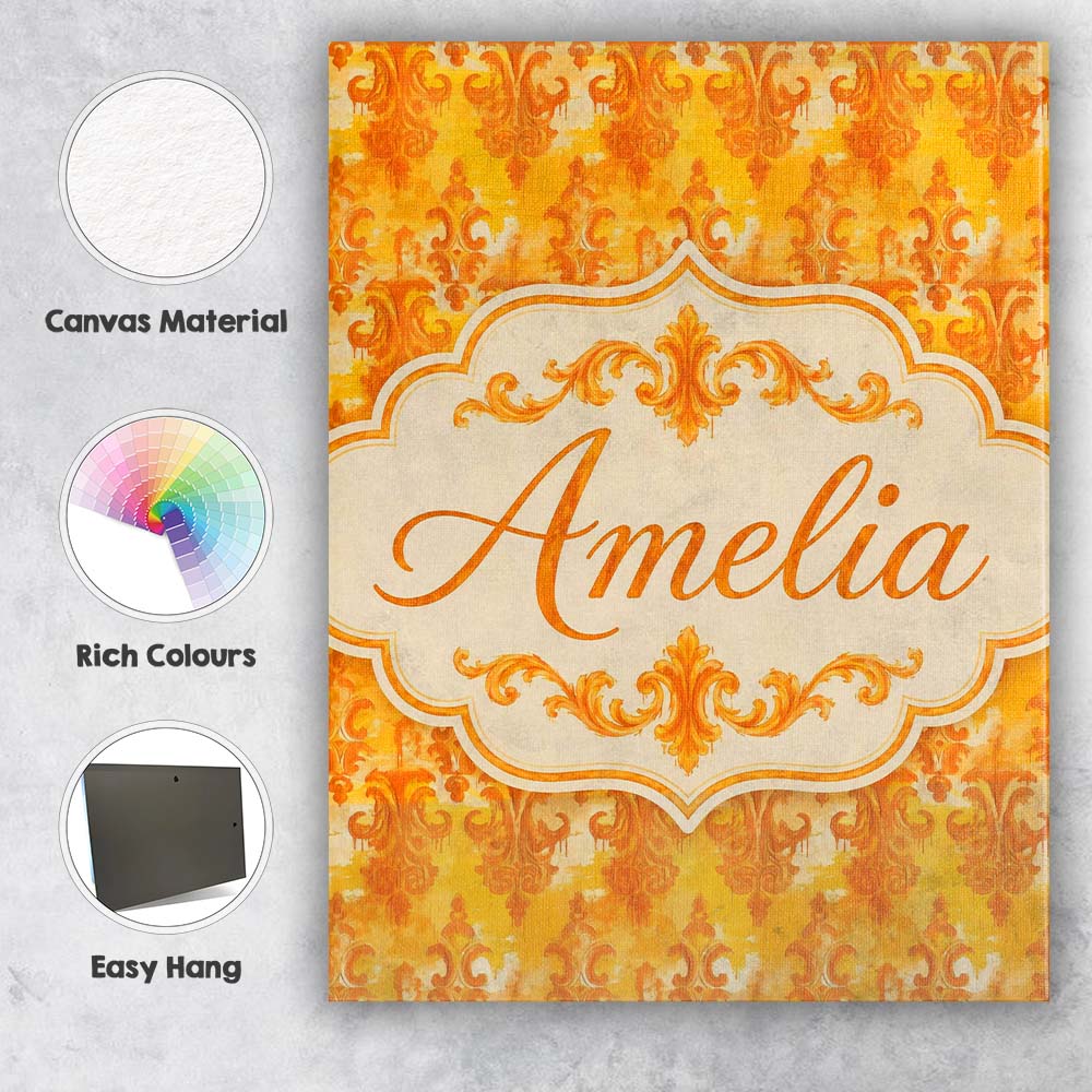 Personalised Name Warm Orange Damask Custom Premium Decorative Design Modern Room Accent Canvas Wall Art Print Decor Picture Ready to Hang