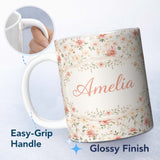 Personalized Custom Name Pastel Flower Meadow Seamless Pattern Beautiful Coffee Cup Lovely 11oz Ceramic Coffee Tea Mug White Large Handle