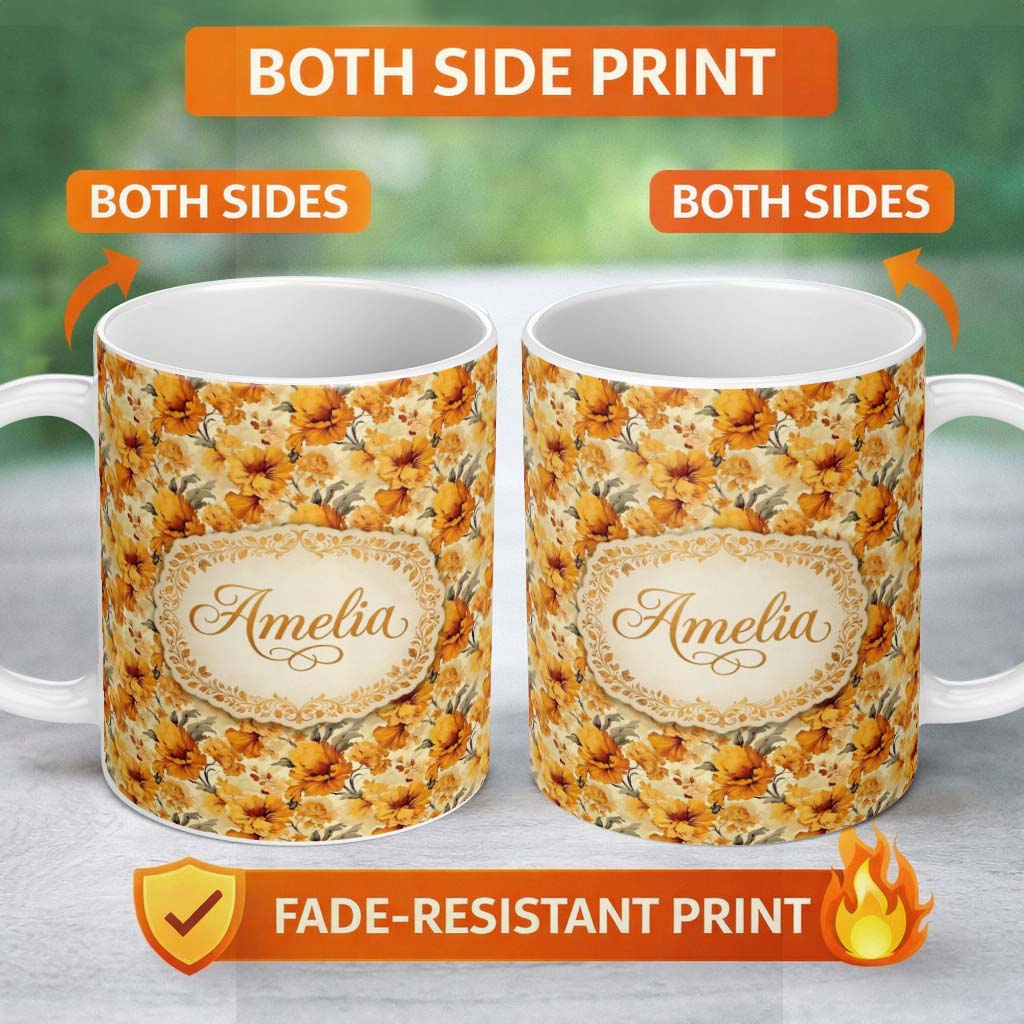 Personalized Custom Name Golden Orange Floral Blossom Seamless Pattern Bold Botanical 11oz Ceramic Coffee Tea Mug White Large Handle