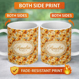 Personalized Custom Name Golden Orange Floral Blossom Seamless Pattern Bold Botanical 11oz Ceramic Coffee Tea Mug White Large Handle