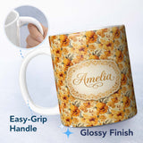 Personalized Custom Name Golden Orange Floral Blossom Seamless Pattern Bold Botanical 11oz Ceramic Coffee Tea Mug White Large Handle
