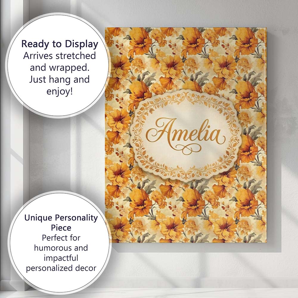 Personalised Name Golden Orange Floral Custom  Modern Room Accent Elegant Feature Canvas Wall Art Print Decor Picture Ready to Hang