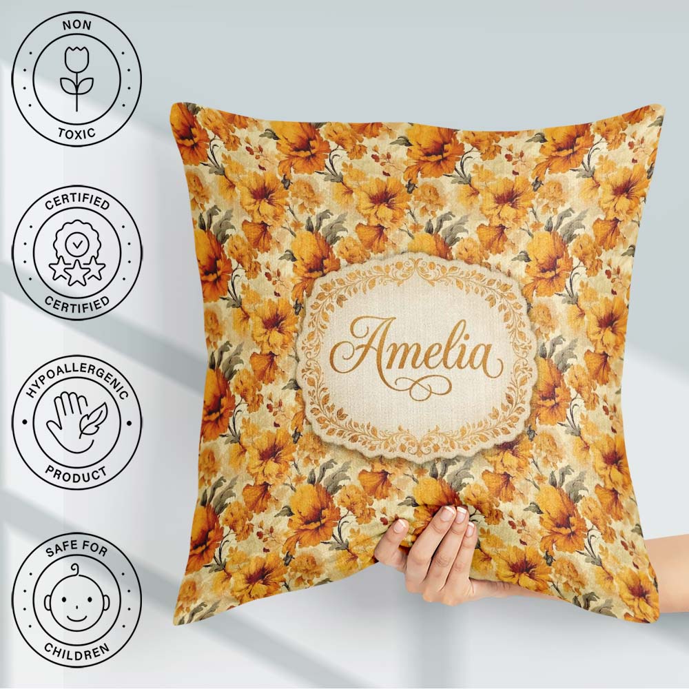 Custom Name Golden Orange Floral Blossom Seamless Bold Botanical Square Filled Cushion Throw Pillow Sofa Bed Home Decor Zip Washable UK Made