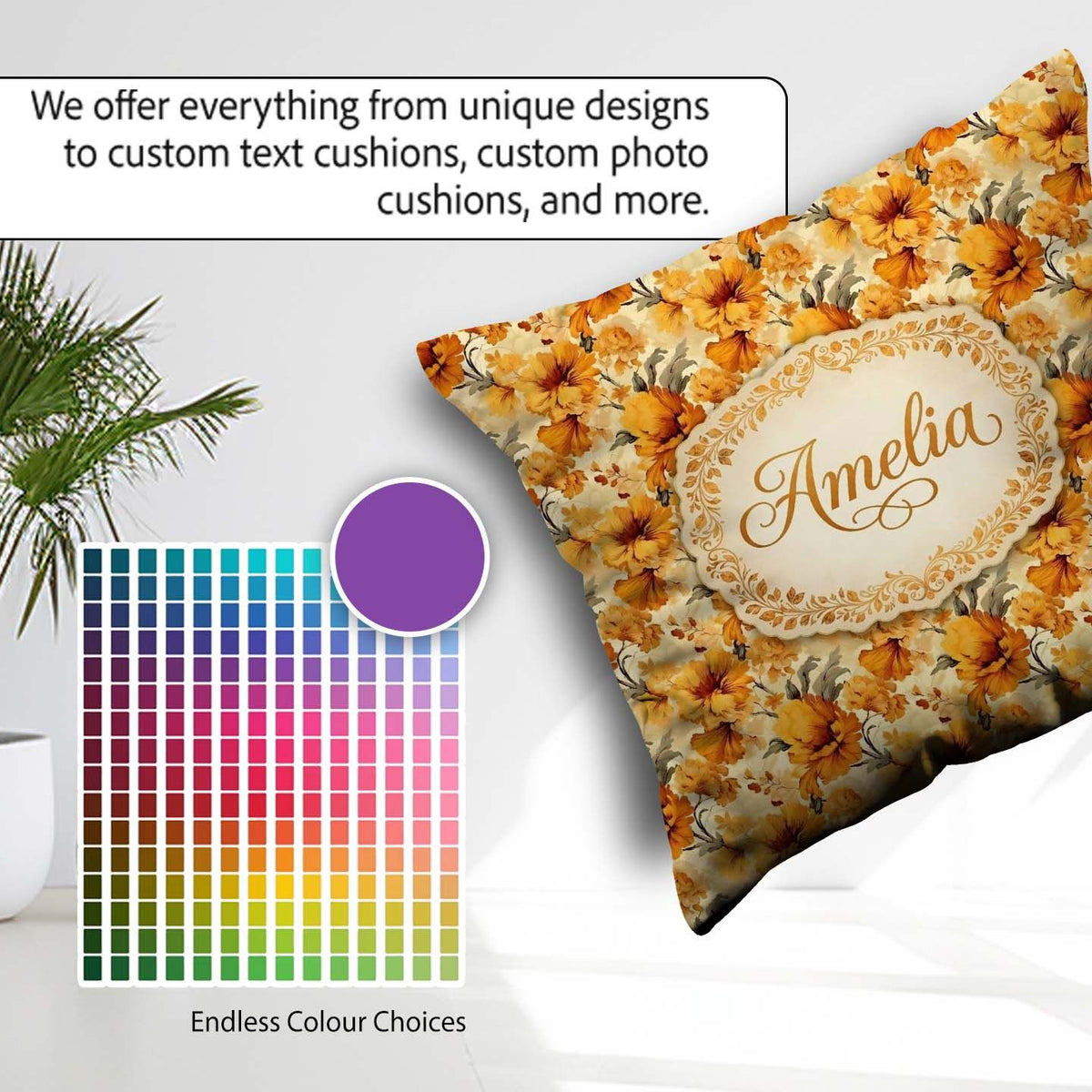 Custom Name Golden Orange Floral Blossom Seamless Bold Botanical Square Filled Cushion Throw Pillow Sofa Bed Home Decor Zip Washable UK Made