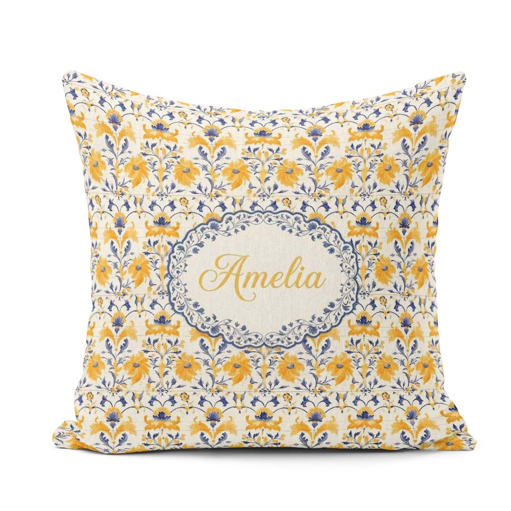 Custom Name Blue Yellow Tile Seamless Pattern Decorative Ceramic Square Filled Cushion Throw Pillow Sofa Bed Home Decor Zip Washable UK Made