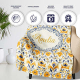 Blue Yellow Tile Floral Seamless Pattern Decorative Ceramic Style  Personalised Custom Name Super Soft Fleece Blanket Bed Sofa Throw