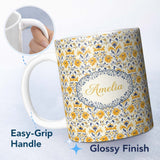Personalized Custom Name Blue Yellow Tile Floral Seamless Pattern Decorative Ceramic Style 11oz Ceramic Coffee Tea Mug White Large Handle