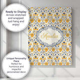 Personalised Name Blue Yellow Tile Floral Custom  Unique Gift Idea Elegant Feature Canvas Wall Art Print Decor Picture Ready to Hang