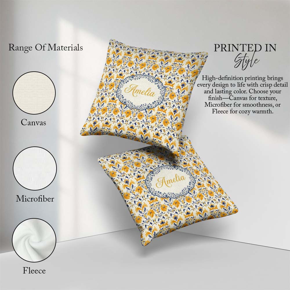 Custom Name Blue Yellow Tile Seamless Pattern Decorative Ceramic Square Filled Cushion Throw Pillow Sofa Bed Home Decor Zip Washable UK Made