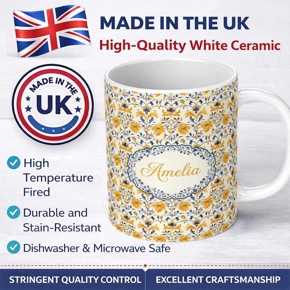 Personalized Custom Name Blue Yellow Tile Floral Seamless Pattern Decorative Ceramic Style 11oz Ceramic Coffee Tea Mug White Large Handle
