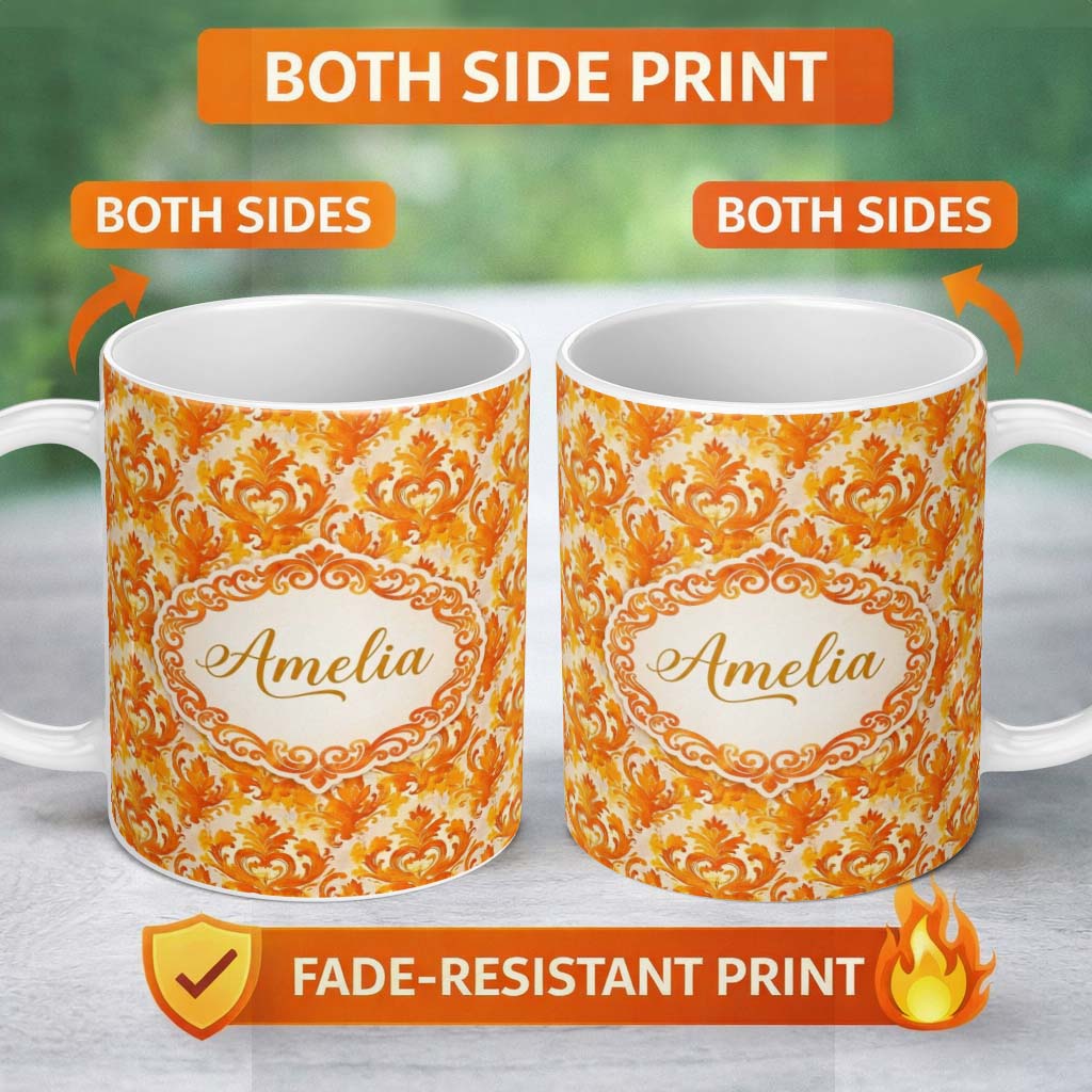 Personalized Custom Name Bright Orange Damask Seamless Pattern Bold Artistic Ornamental 11oz Ceramic Coffee Tea Mug White Large Handle