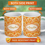 Personalized Custom Name Bright Orange Damask Seamless Pattern Bold Artistic Ornamental 11oz Ceramic Coffee Tea Mug White Large Handle