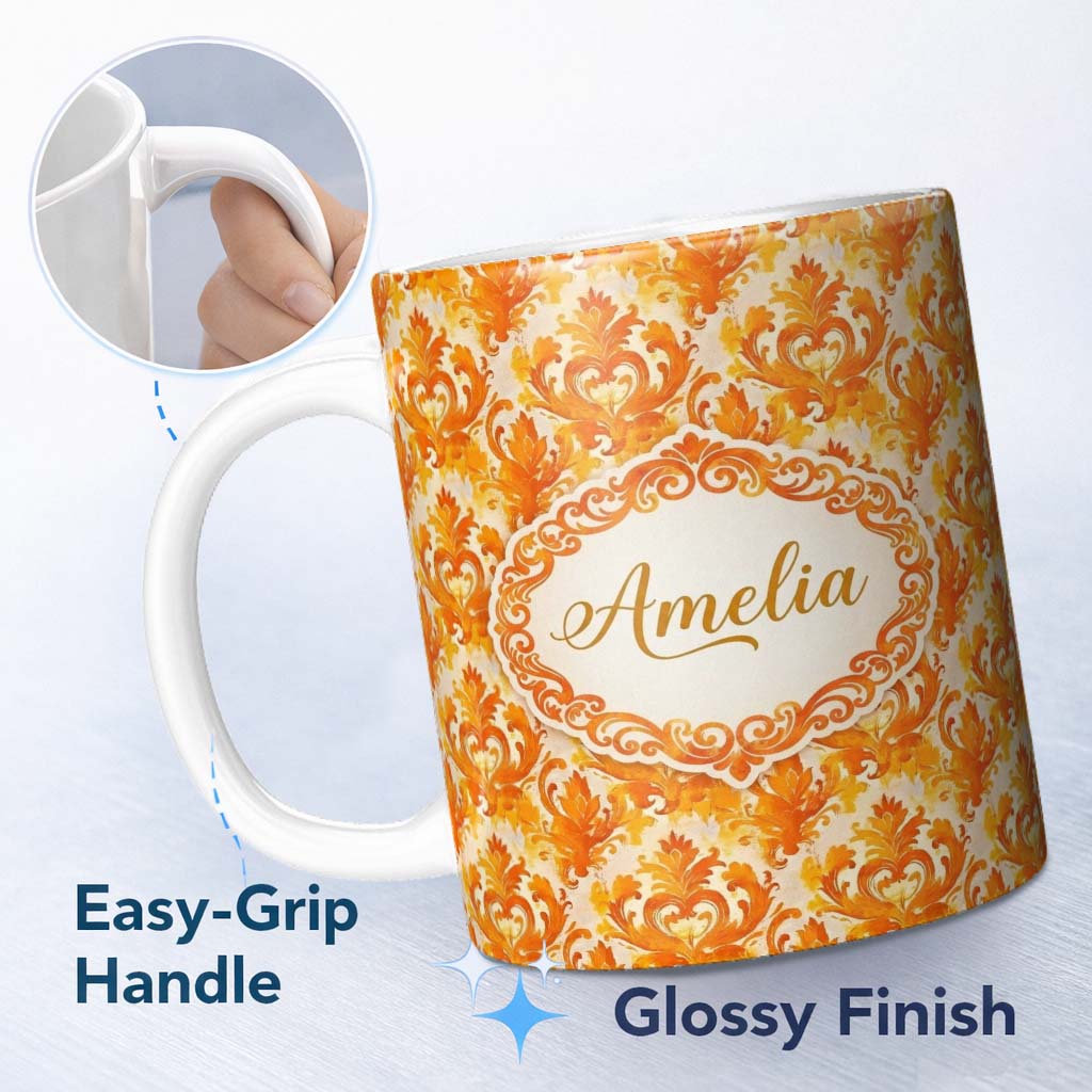 Personalized Custom Name Bright Orange Damask Seamless Pattern Bold Artistic Ornamental 11oz Ceramic Coffee Tea Mug White Large Handle