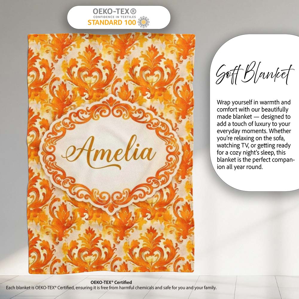 Bright Orange Damask Seamless Pattern Bold Artistic Ornamental  Personalised Custom Name Super Soft Fleece Blanket Bed Sofa Throw