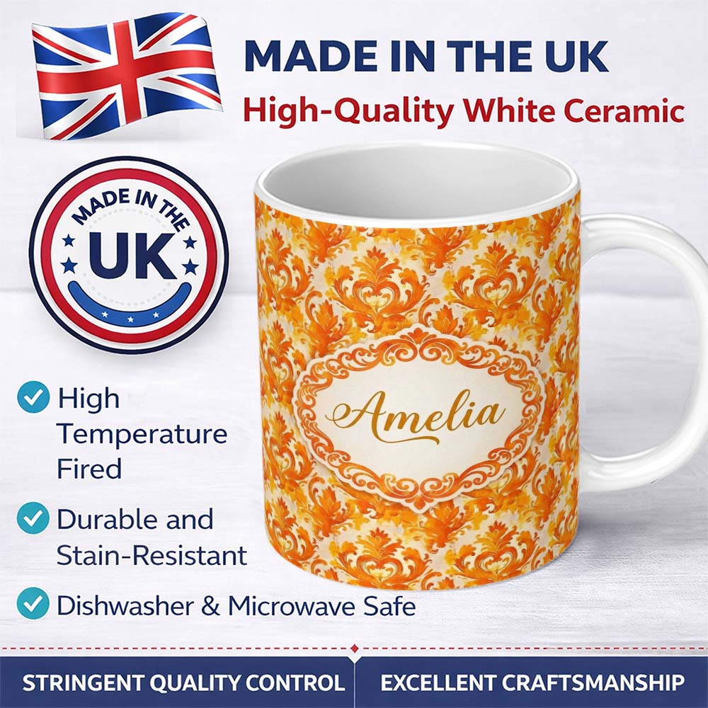 Personalized Custom Name Bright Orange Damask Seamless Pattern Bold Artistic Ornamental 11oz Ceramic Coffee Tea Mug White Large Handle