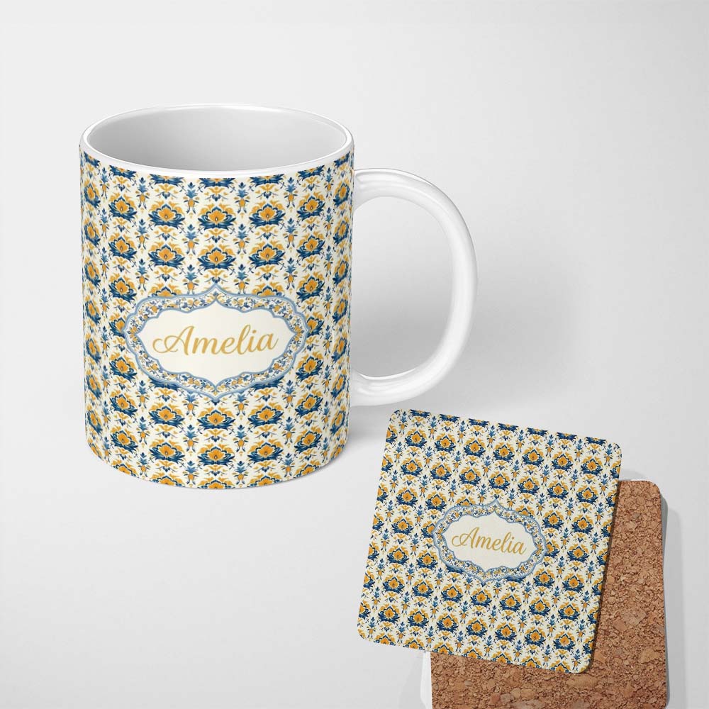 Personalized Custom Name Blue Yellow Ornamental Floral Tile Seamless Pattern Vintage Ceramic 11oz Ceramic Coffee Tea Mug White Large Handle