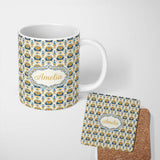 Personalized Custom Name Blue Yellow Ornamental Floral Tile Seamless Pattern Vintage Ceramic 11oz Ceramic Coffee Tea Mug White Large Handle