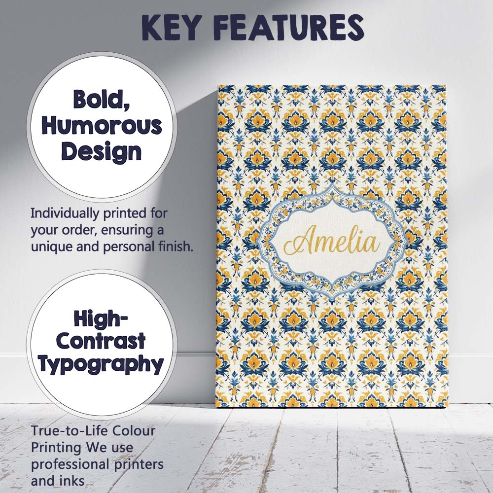 Personalised Name Blue Yellow Ornamental Custom  Unique Gift Idea Elegant Feature Canvas Wall Art Print Decor Picture Ready to Hang