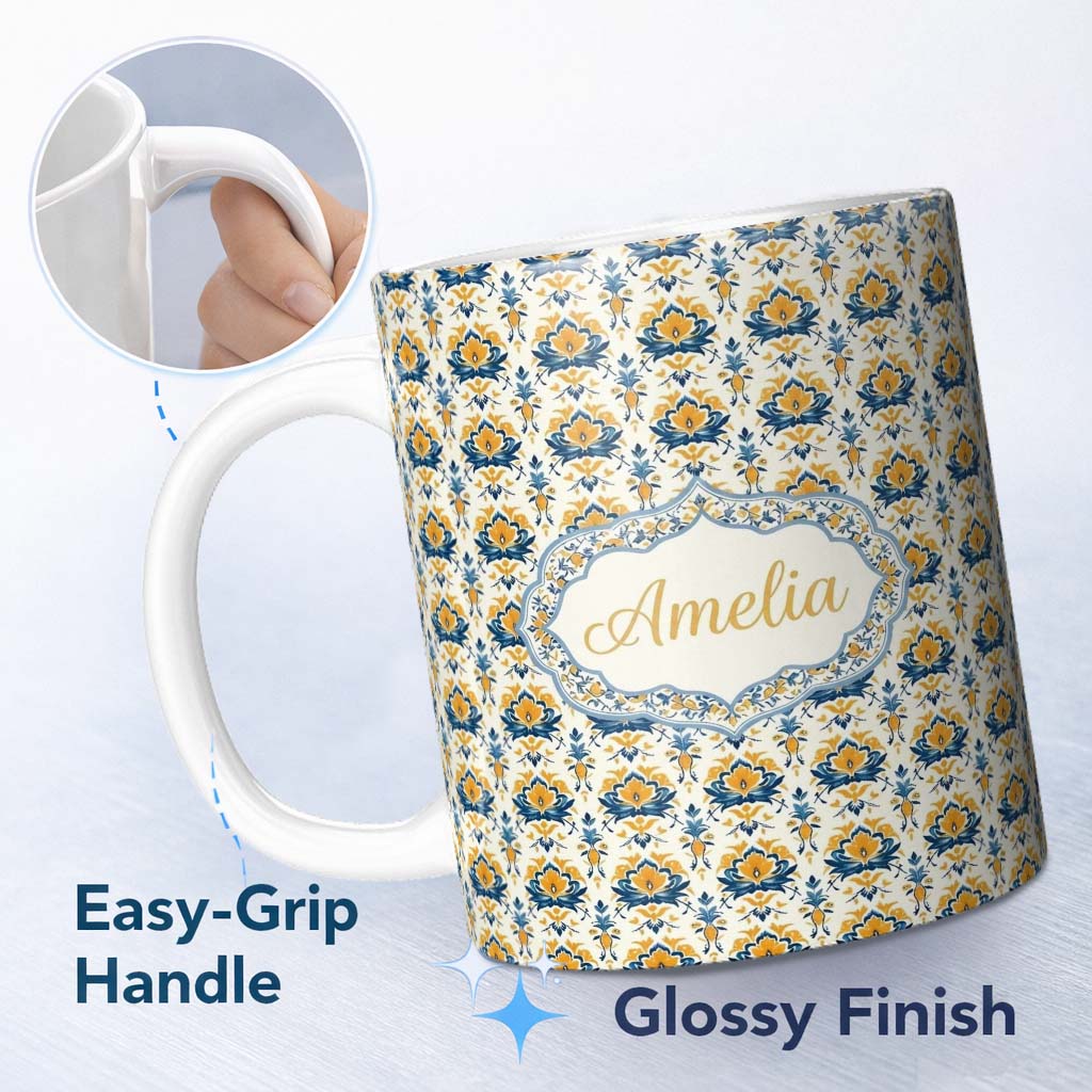 Personalized Custom Name Blue Yellow Ornamental Floral Tile Seamless Pattern Vintage Ceramic 11oz Ceramic Coffee Tea Mug White Large Handle