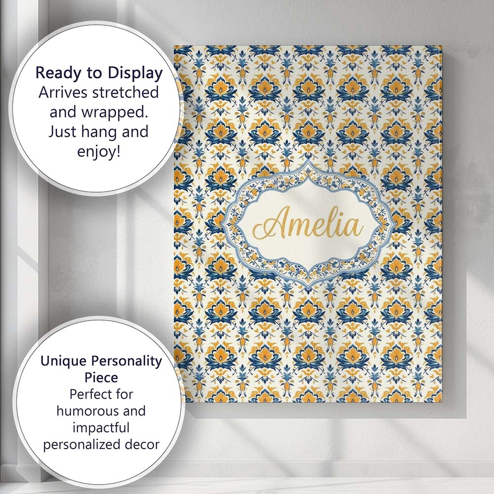 Personalised Name Blue Yellow Ornamental Custom  Unique Gift Idea Elegant Feature Canvas Wall Art Print Decor Picture Ready to Hang