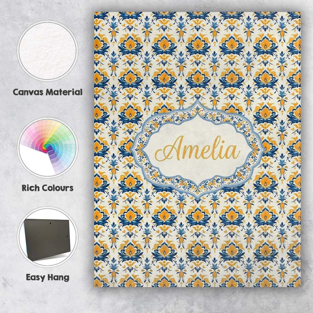 Personalised Name Blue Yellow Ornamental Custom  Unique Gift Idea Elegant Feature Canvas Wall Art Print Decor Picture Ready to Hang