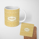 Personalized Custom Name Golden Yellow Damask Floral Seamless Pattern Elegant Vintage 11oz Ceramic Coffee Tea Mug White Large Handle