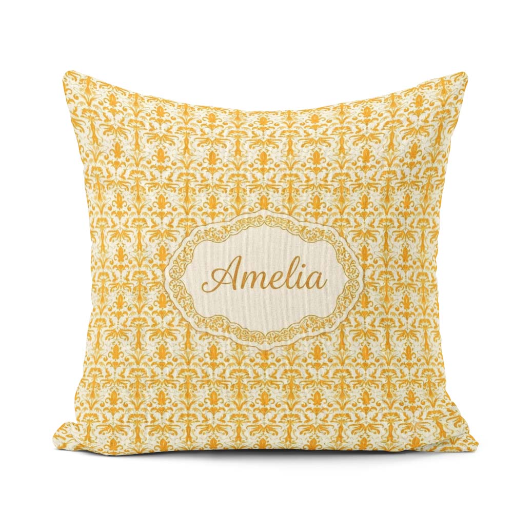 Custom Name Golden Yellow Damask Floral Seamless Pattern Elegant Square Filled Cushion Throw Pillow Sofa Bed Home Decor Zip Washable UK Made