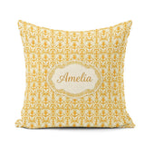 Custom Name Golden Yellow Damask Floral Seamless Pattern Elegant Square Filled Cushion Throw Pillow Sofa Bed Home Decor Zip Washable UK Made