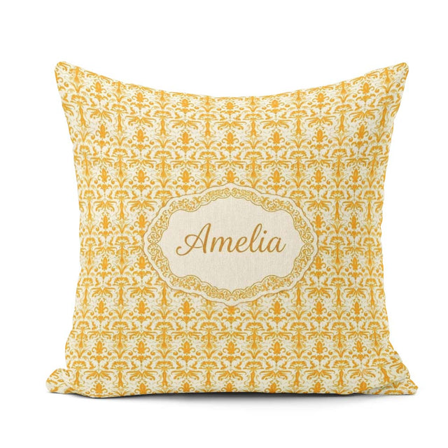 Custom Name Golden Yellow Damask Floral Seamless Pattern Elegant Square Filled Cushion Throw Pillow Sofa Bed Home Decor Zip Washable UK Made