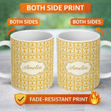 Personalized Custom Name Golden Yellow Damask Floral Seamless Pattern Elegant Vintage 11oz Ceramic Coffee Tea Mug White Large Handle