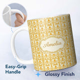 Personalized Custom Name Golden Yellow Damask Floral Seamless Pattern Elegant Vintage 11oz Ceramic Coffee Tea Mug White Large Handle