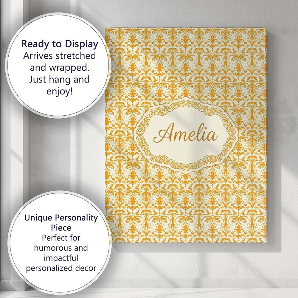 Personalised Name Golden Yellow Damask Custom  Modern Room Accent Elegant Feature Canvas Wall Art Print Decor Picture Ready to Hang