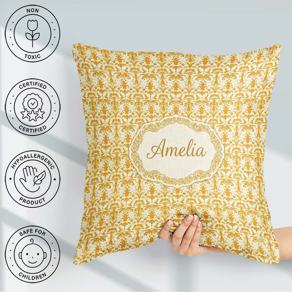 Custom Name Golden Yellow Damask Floral Seamless Pattern Elegant Square Filled Cushion Throw Pillow Sofa Bed Home Decor Zip Washable UK Made
