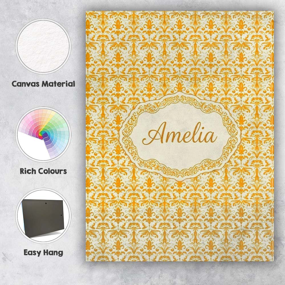 Personalised Name Golden Yellow Damask Custom  Modern Room Accent Elegant Feature Canvas Wall Art Print Decor Picture Ready to Hang