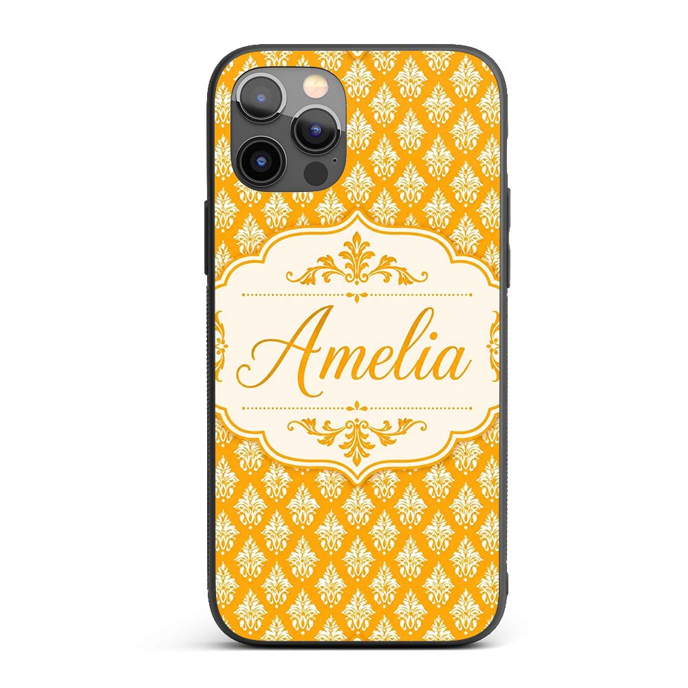 Bright Mustard Yellow Damask Motif Printed Design Custom Name Protective Phone Case Mobile Cover Durable Everyday Smartphone Shock Resistant